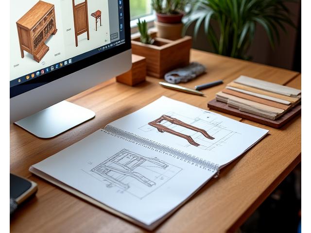 Ontwerp van een op maat gemaakte houten tafel met schetsen