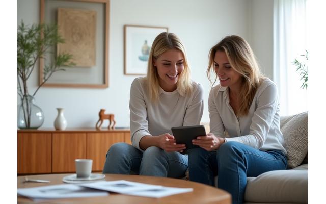 Interieurontwerpster die een cliënt van advies voorziet over de plaatsing van een houten meubelstuk