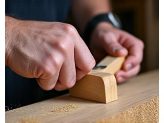 Vakman die een meubelstuk met de hand bewerkt in een werkplaats