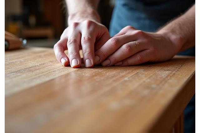 Hand die een perfect afgewerkt houten oppervlak schuurt