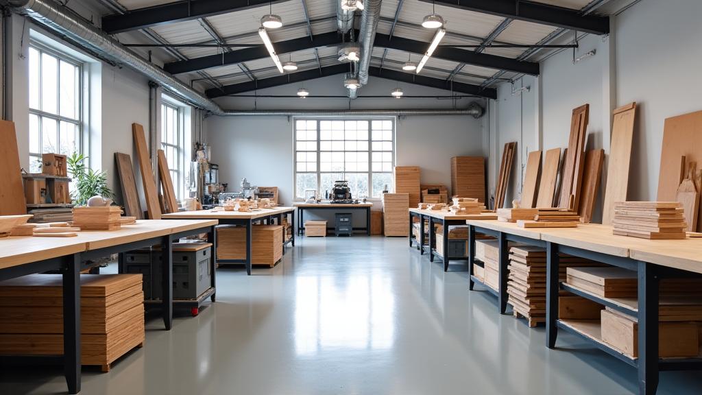 Overzicht van een schone, georganiseerde timmerwerkplaats